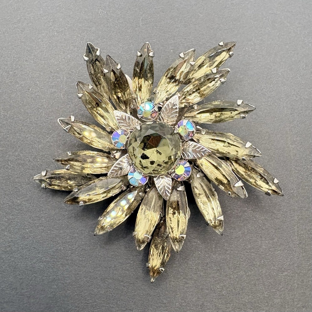 Vintage Smoky Gray Crystal Floral Swirl AB Crystals Brooch Silver Tone Prong Set